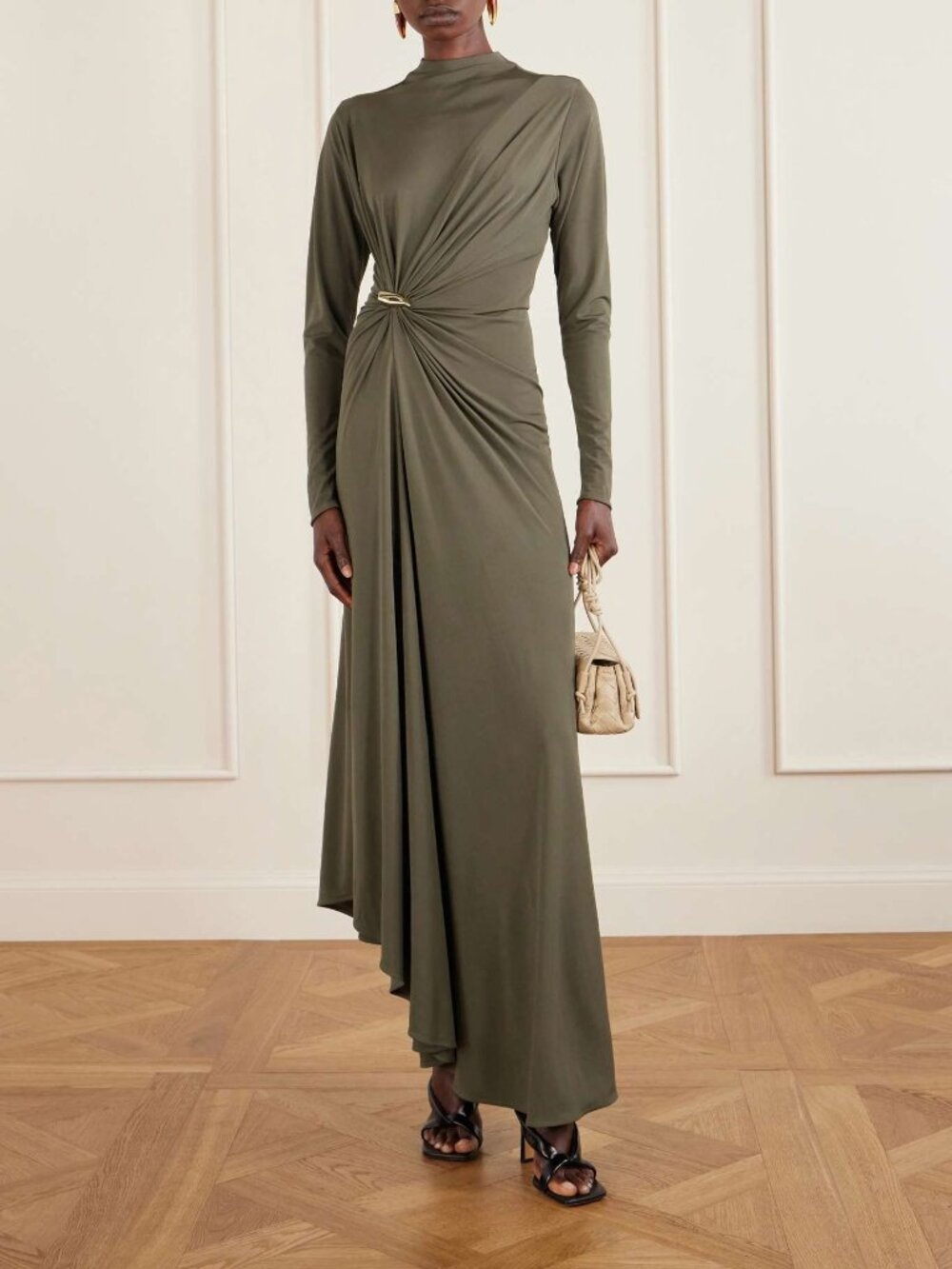 BOTTEGA VENETA Asymmetric embellished gathered khaki maxi dress size IT 42/ US - Picture 1 of 16